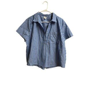 J.Crew Blue White Striped Popover Blouse Cotton Short Sleeve Pocket L